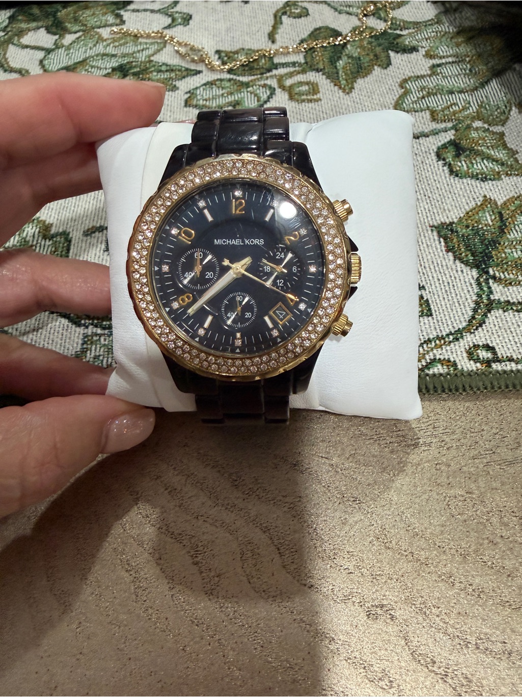 Michael Kors Black Dial Watch With Gold Crystal Bezel